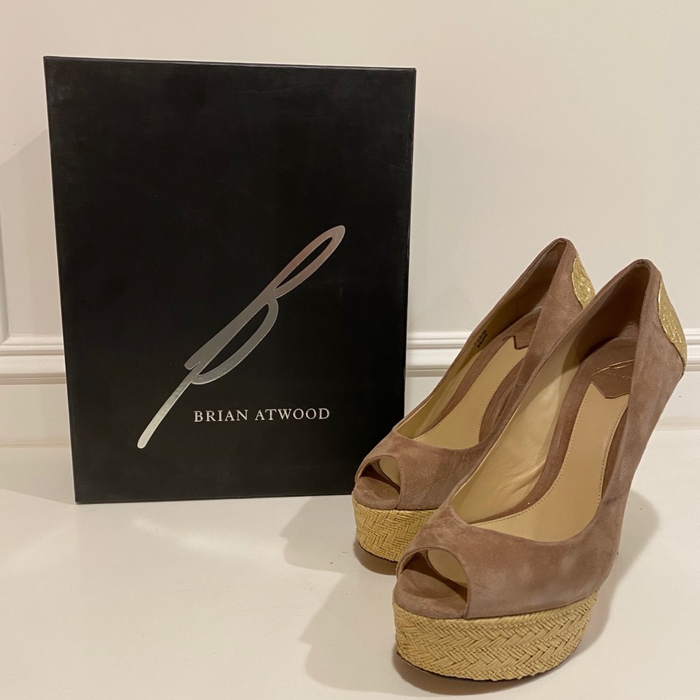 brian atwood suede and gold tan heels